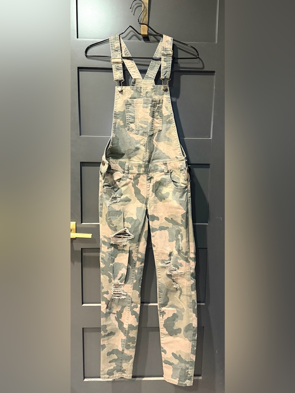 Soho New York & Company Camo Distressed Denim Overalls - Picture 2 of 8